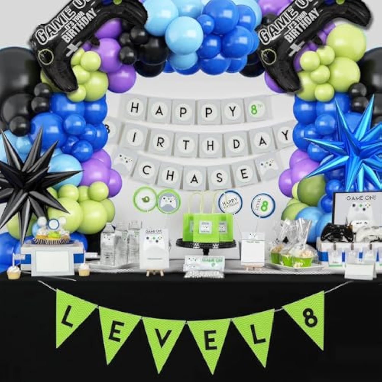 Video Game Party Balloon Garland Kit – Blue & Green Decor with Game Controller Foil Balloons