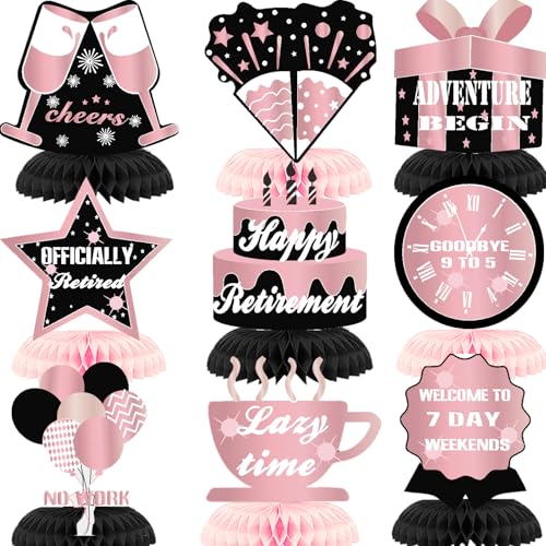 9Pcs Pink Black Happy Retirement Decorations Table Honeycomb Centerpieces Party Supplies Rose Gold Black Retirement Adventure Awaits Sign for Women Retired Decor Goodbye Signs