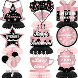 9Pcs Pink Black Happy Retirement Decorations Table Honeycomb Centerpieces Party Supplies Rose Gold Black Retirement Adventure Awaits Sign for Women Retired Decor Goodbye Signs