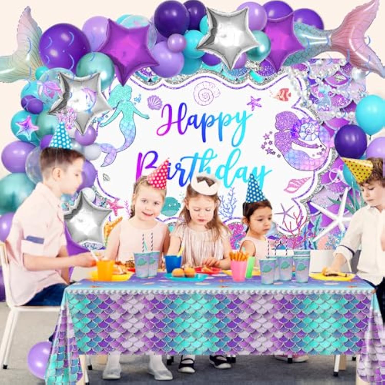 325 Pcs Mermaid Birthday Party Supplies Includes Disposable Paper Plates, Cups, Napkins, Tablecloth, Banner & Balloon Arch Kit For Girls Women Mermaid Party Decorations, Serves 25