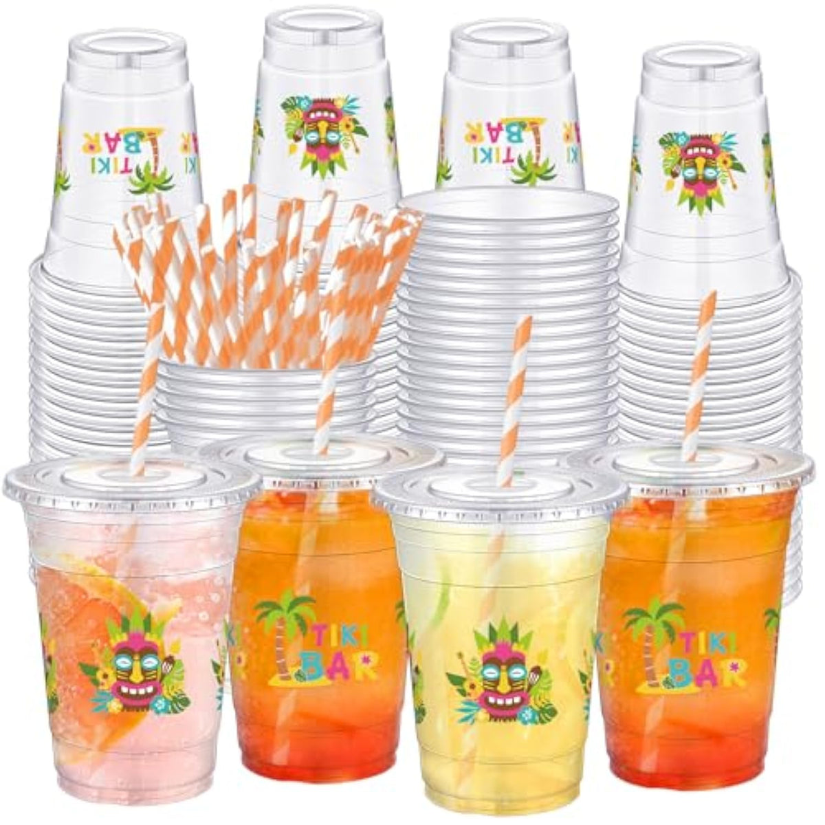 50 Pcs 16 Oz Tiki Bar Plastic Cups Bulk With Lids And Straws Disposable Tropical Clear Drinking Cups For Tiki Bar Party Favors Summer Decorations Hawaiian Luau Party Supplies