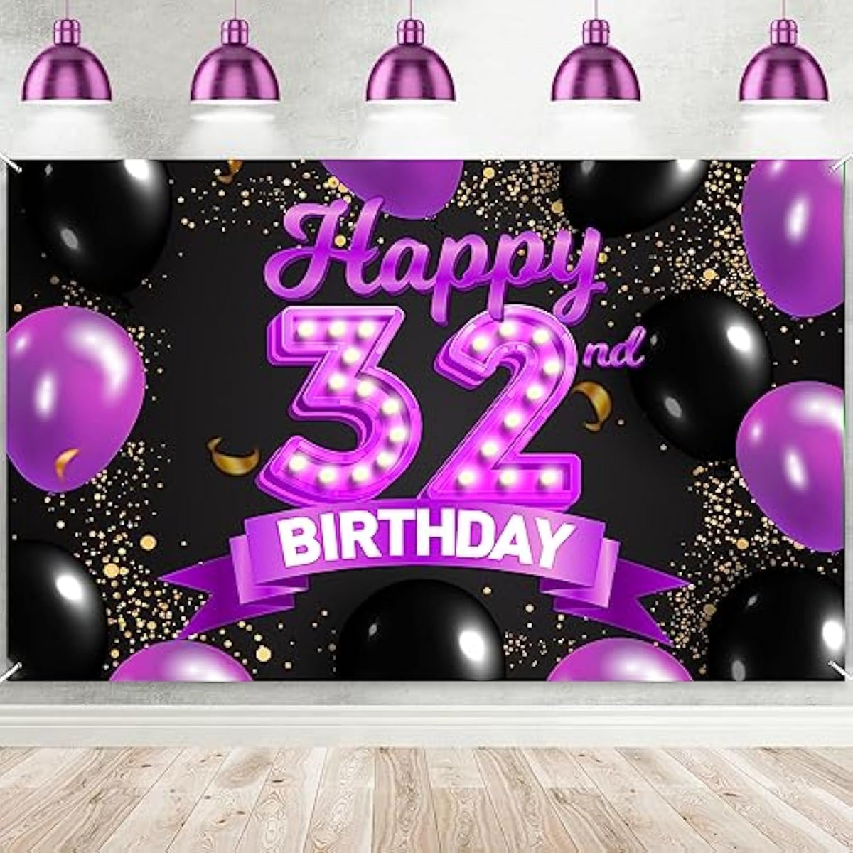 Happy 32Nd Birthday Purple And Black Banner Backdrop Cheers To 32 Years Old Confetti Balloon Theme Decor Decorations For Women 32 Years Old Birthday Party Bday Supplies Background Gift Glitter