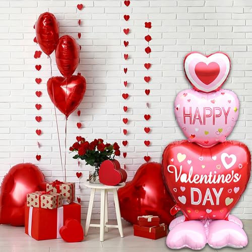 Valentines Day Balloons, Large Pink Red Hearts Love Standing Balloons for Valentines Party Decorations, 58In x 31In 3D Happy Valentine’s Day Foil Balloons Galentines Day Wedding Decor