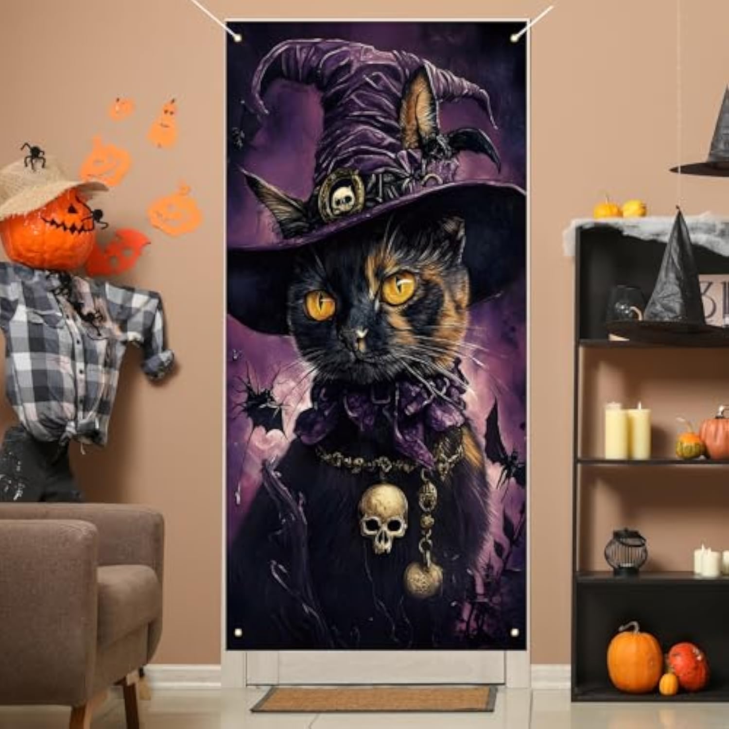 Scary Black Cat and Bats Halloween Door Cover Gothic Porch Decoration 72×36