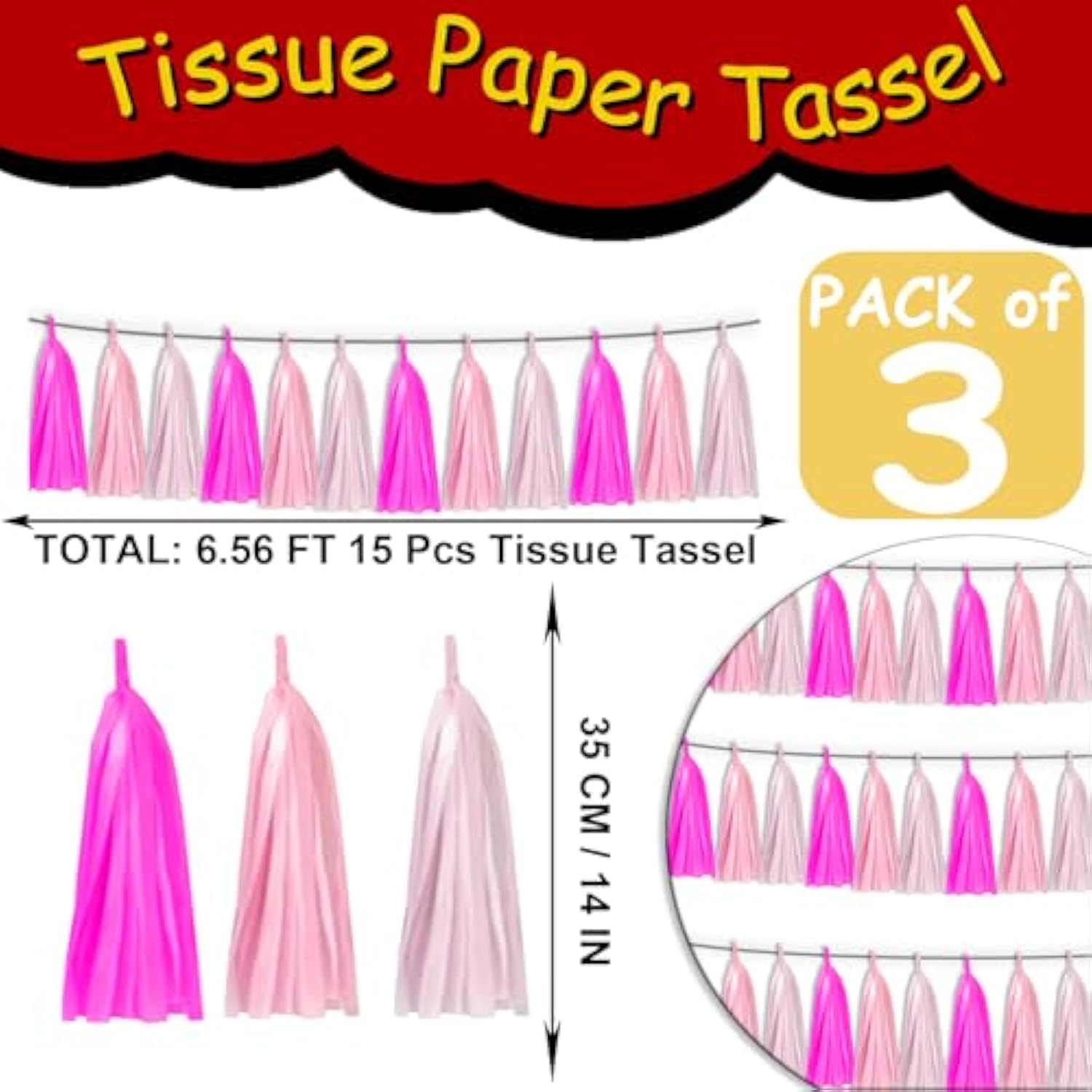 3P Maca-Rose Red Pink Lightpink Metallic Fringe Banner Garland Foil Tinsel Streamer Backdrop Banners For Parties, Wall Hanging Curtain Parade Floats,Graduation Decorations, Wedding Party Decoration