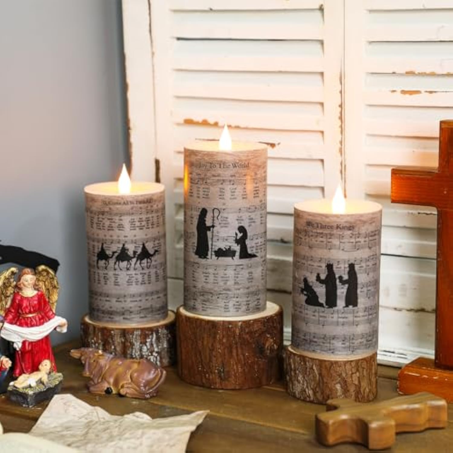 3 Pcs Christmas Nativity Scene Pillar Candles Flameless Led Religious Themed Candles Battery Operated Carols Hymn Sheet Christian Candlestick Gifts For Xmas Home Church Table Decorations