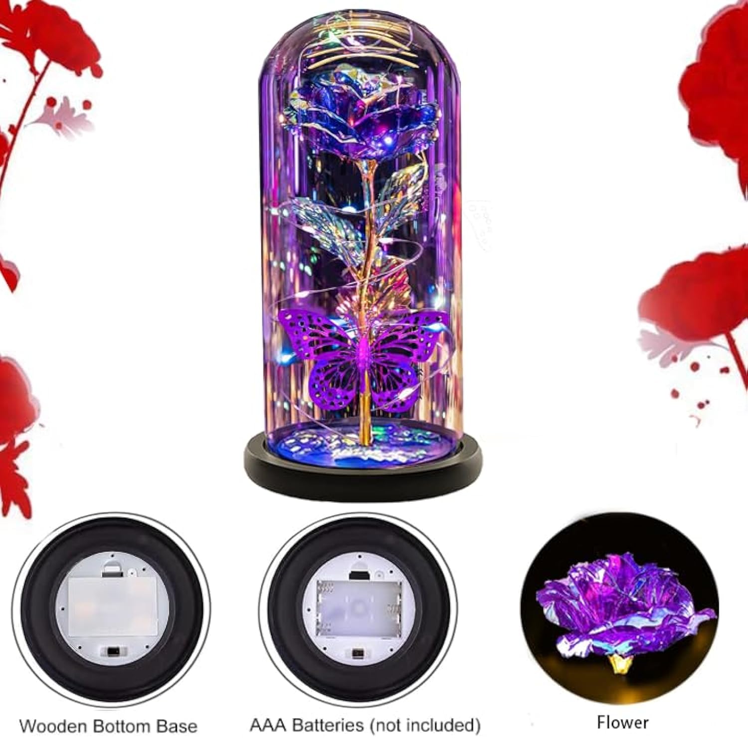 Valentines Day Gifts For Her Mom Women,Valentines Rose Gifts Forever Eternal Crystal Light Up Rose In A Glass Dome, Presents For Birthday Gifts For Her Daughter Sister Wife Grandma Purple