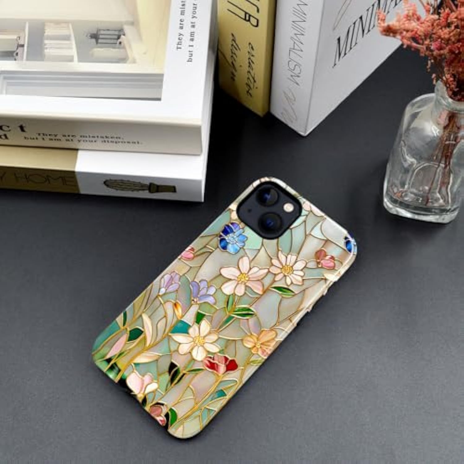 Case Compatible With Iphone 14,Compatible With Magsafe,Glossy Fall Prevention Hybrid 2-Layer Hard Shell Cases For Girls Boys,Stained Glass Bloom Flower