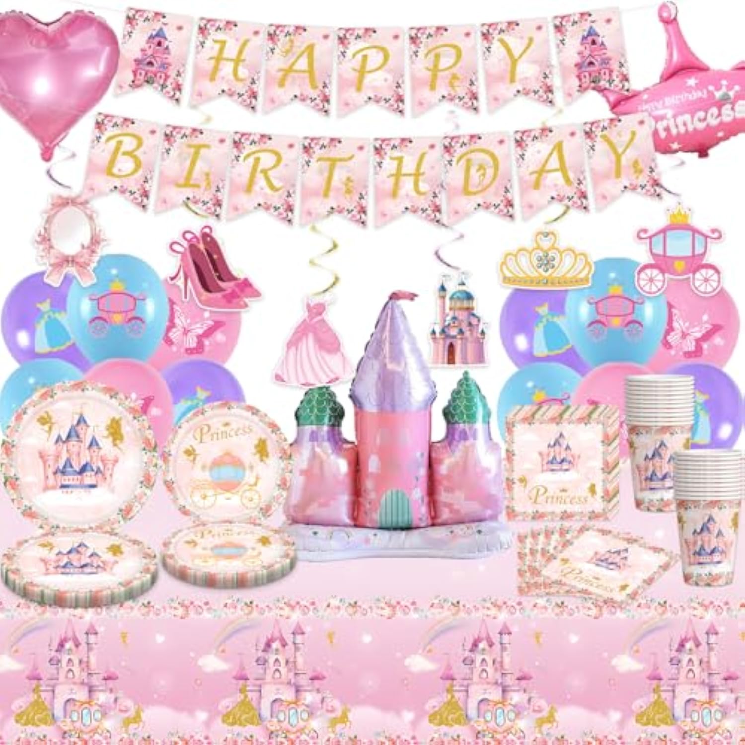 Princess Birthday Party Decorations Princess Plates And Napkins Party Supplies - Happy Birthday Banner, Castle Crown Foil Balloons, Disposable Tablecloth, Cups Sets For Girls Women, Serve 16