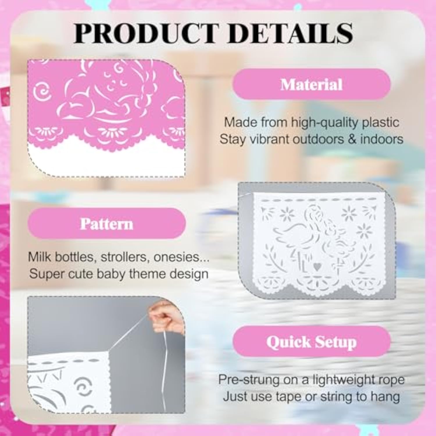 6 Pack 98.43 Ft Baby Shower Papel Picado Mexican Banner Cielito Lindo Party Plastic Fiesta Banner Talavera Theme Decorations For Baby Shower Party Hanging(Pink And White)