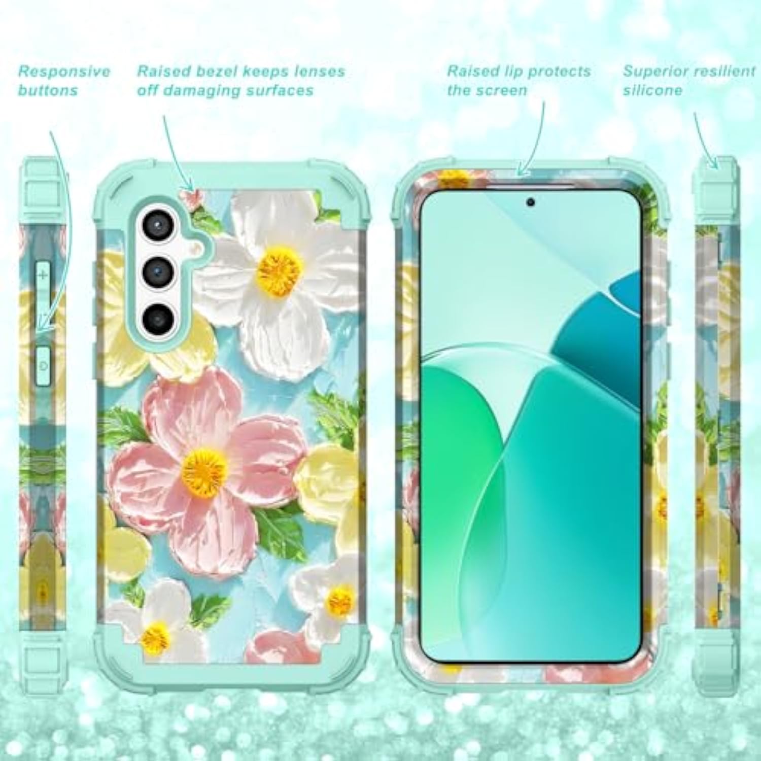 For Galaxy S25 Ultra 5G Case,3 In 1 Oil Painting Flower Pattern Heavy Duty Protection Silicone Rubber Bumper+Hard Plastic Protective Cover For Samsung Galaxy S25 Ultra,Green Flower