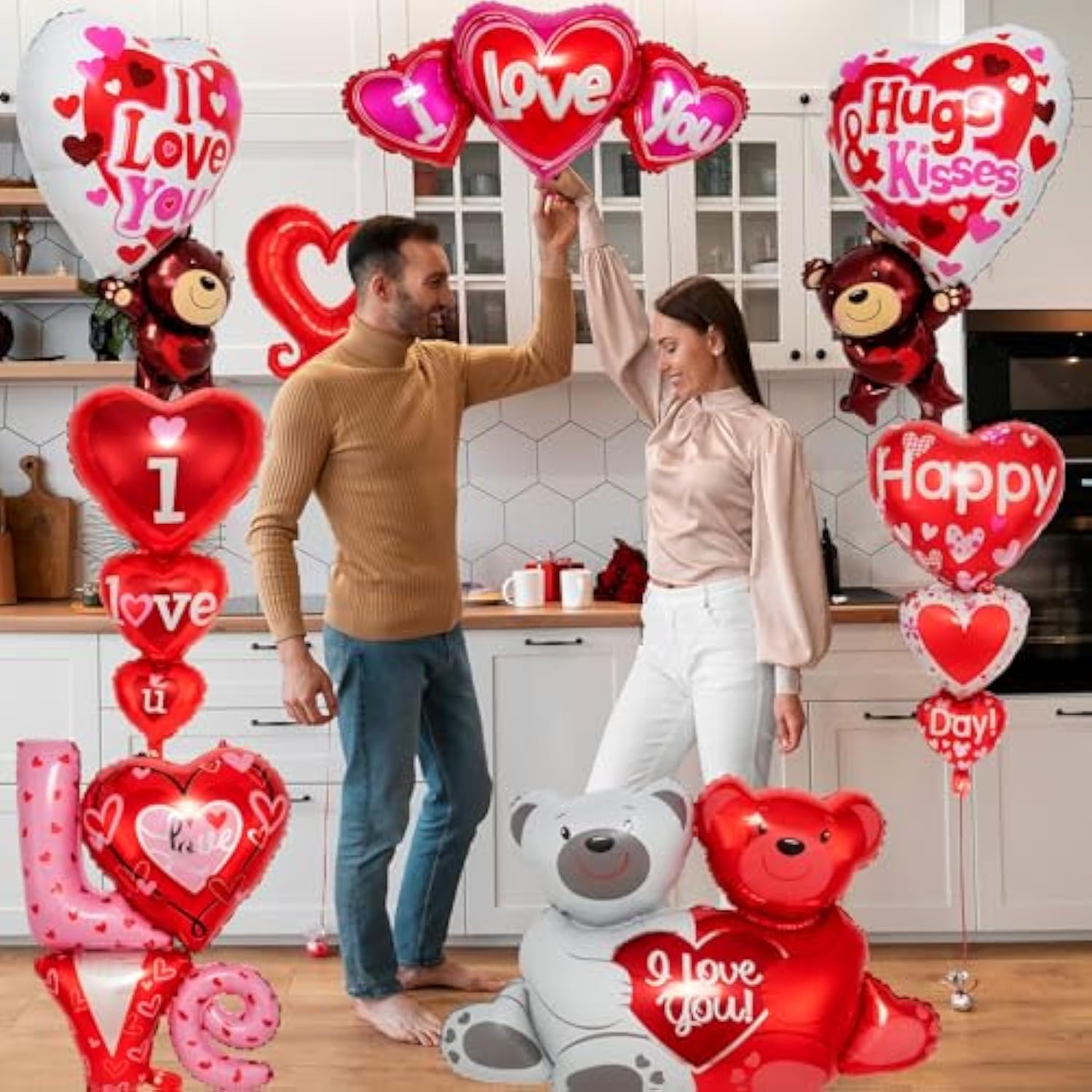 12 Pieces Valentines Day Balloons, Large I Love You Foil Balloons, Red Heart Shape Mylar Foil Balloon For Special Night Party Decorations