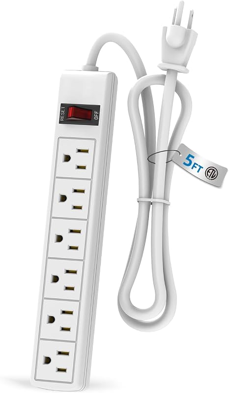 6 Outlet Power Strip Surge Protector with 5 Feet Extension Cord and 600 Joules Protection