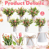6 Sets Spring Easter Table Centerpiece Decor 12 Easter Artificial Flower Picks With 6 Metal Pots 12 Eucalyptus Egg Stems Twig Branches Sprays With Berries For Home Arrangement(White)