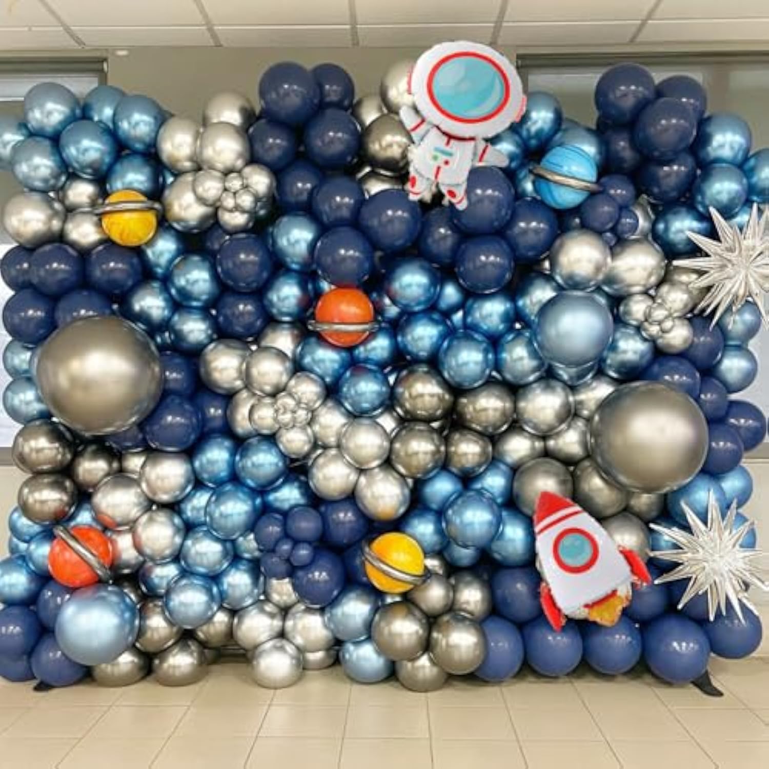 Outer Space Balloon Arch Garland Kit,119 Pcs Navy Blue Metallic Silver Blue Balloon Ufo Rocket Astronaut Balloons For Boys Kids Space Birthday Party Decorations