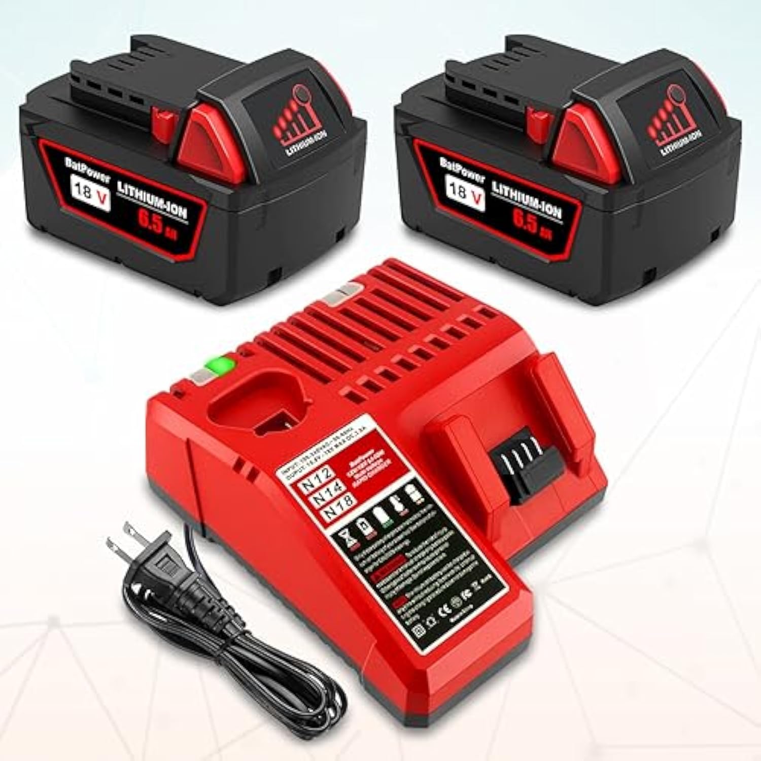 2 Pack 18V 6.5Ah 48-11-1862 Extended Capacity Battery With Charger Combo Replacement For Milwaukee 18V M18 Battery And Charger Kit 48-59-1812 Xc 6.0 Ah 48-11-1865 18V Battery And Charger
