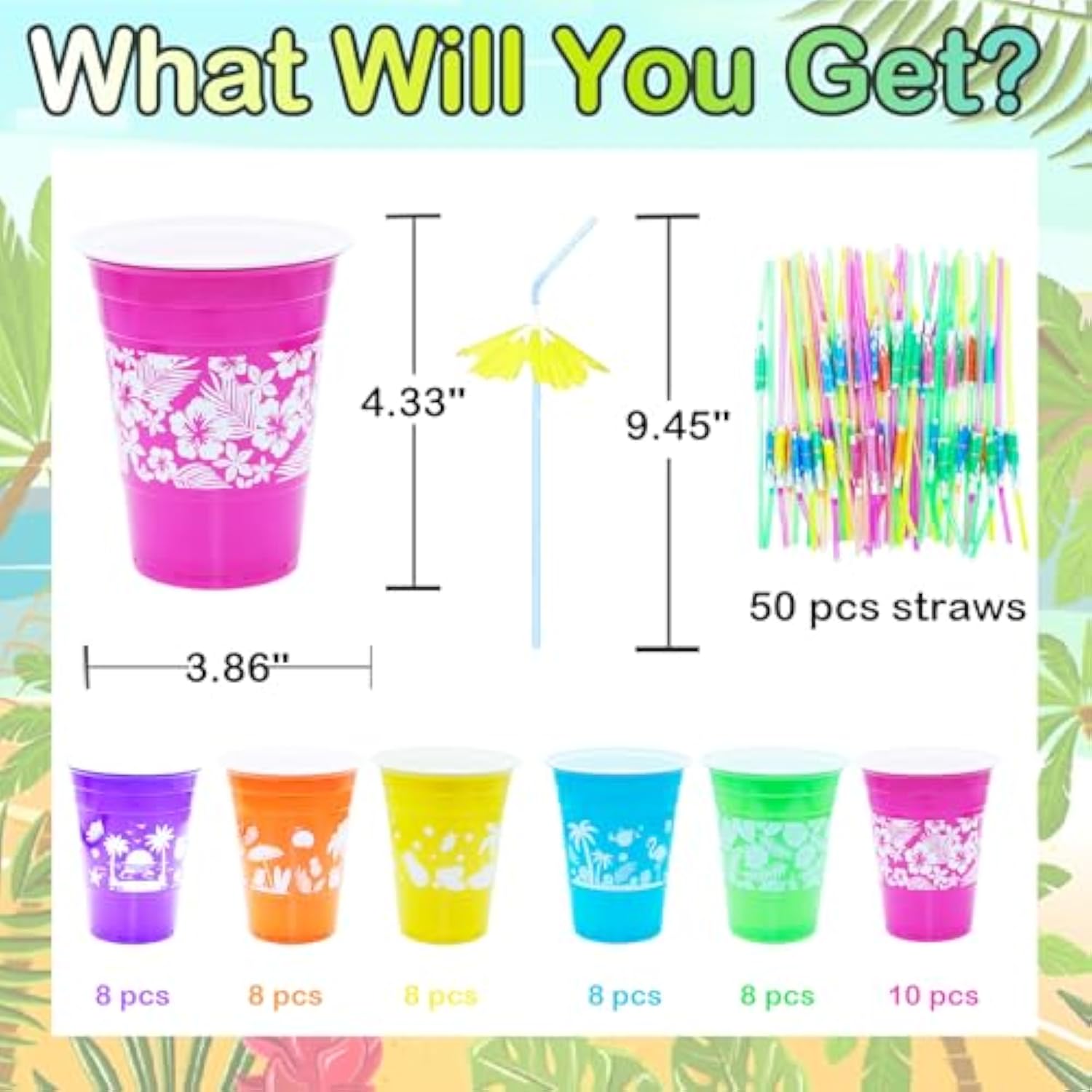 50 Pcs Luau Cups Hawaiian Cups For Party Hawaiian Luau Party Decorations With Parasol Straws - 16 Oz Tropical Cup Disposable Beach Cup Aloha Party Supplies Summer Party Decorations