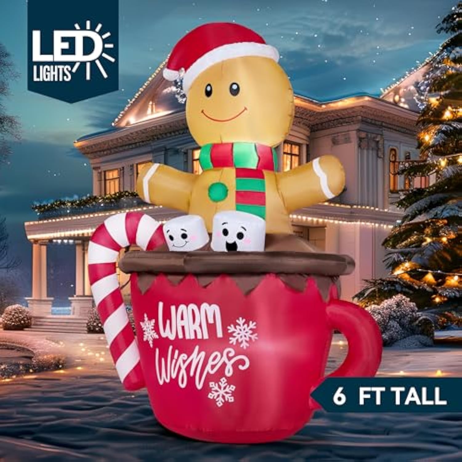 6 Ft Christmas Inflatable Outdoor Decorations, Inflatable Gingerbread Man In Hot Cocoa Mug With Leds, Cute Christmas Blo