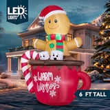 6 Ft Christmas Inflatable Outdoor Decorations, Inflatable Gingerbread Man In Hot Cocoa Mug With Leds, Cute Christmas Blo