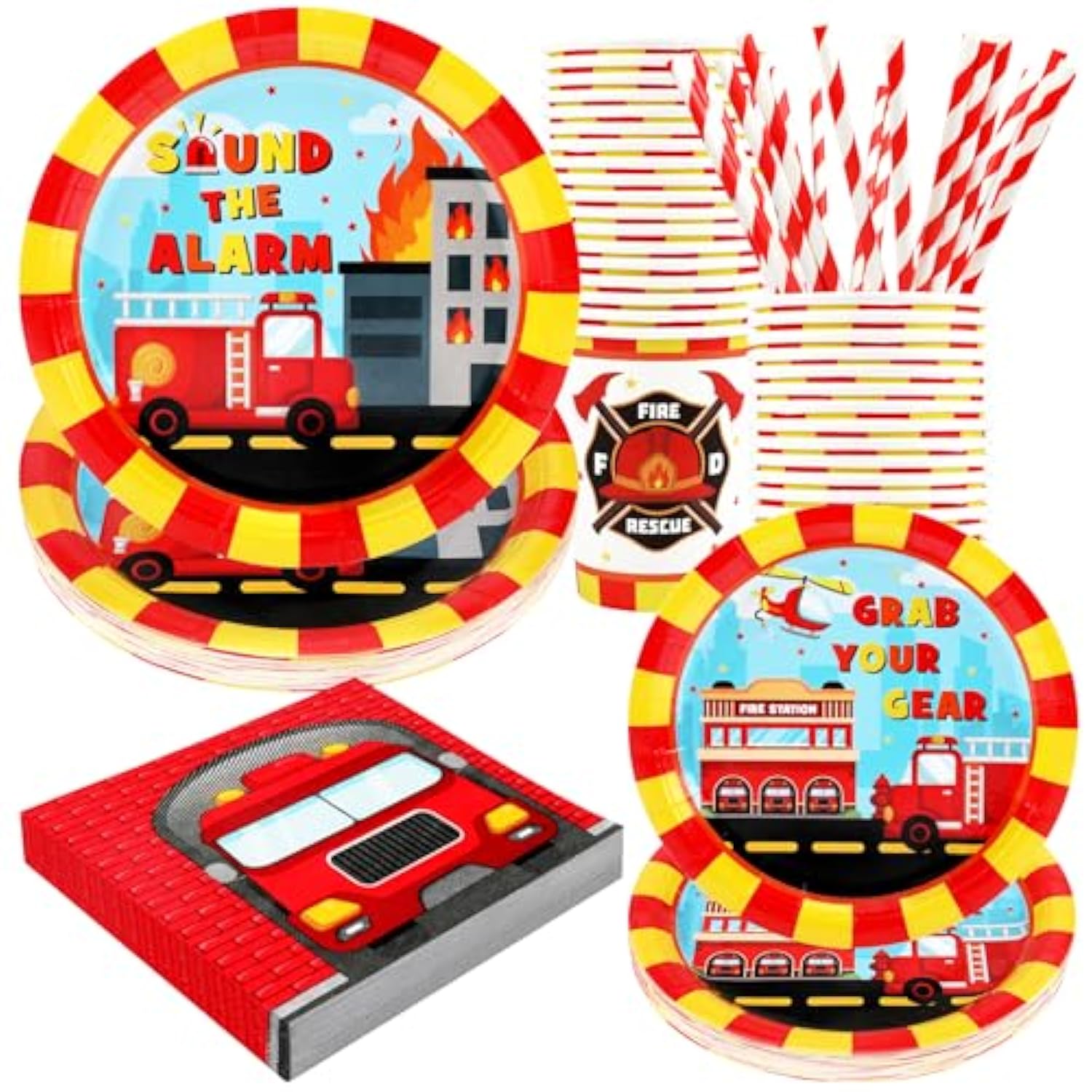 Firetruck Birthday Party Supplies Decorations, Fire Truck Theme Paper Plates And Napkins Set For 24 Guests, 120 Pcs Disposable Firefighter Party Dessert Dinnerwares
