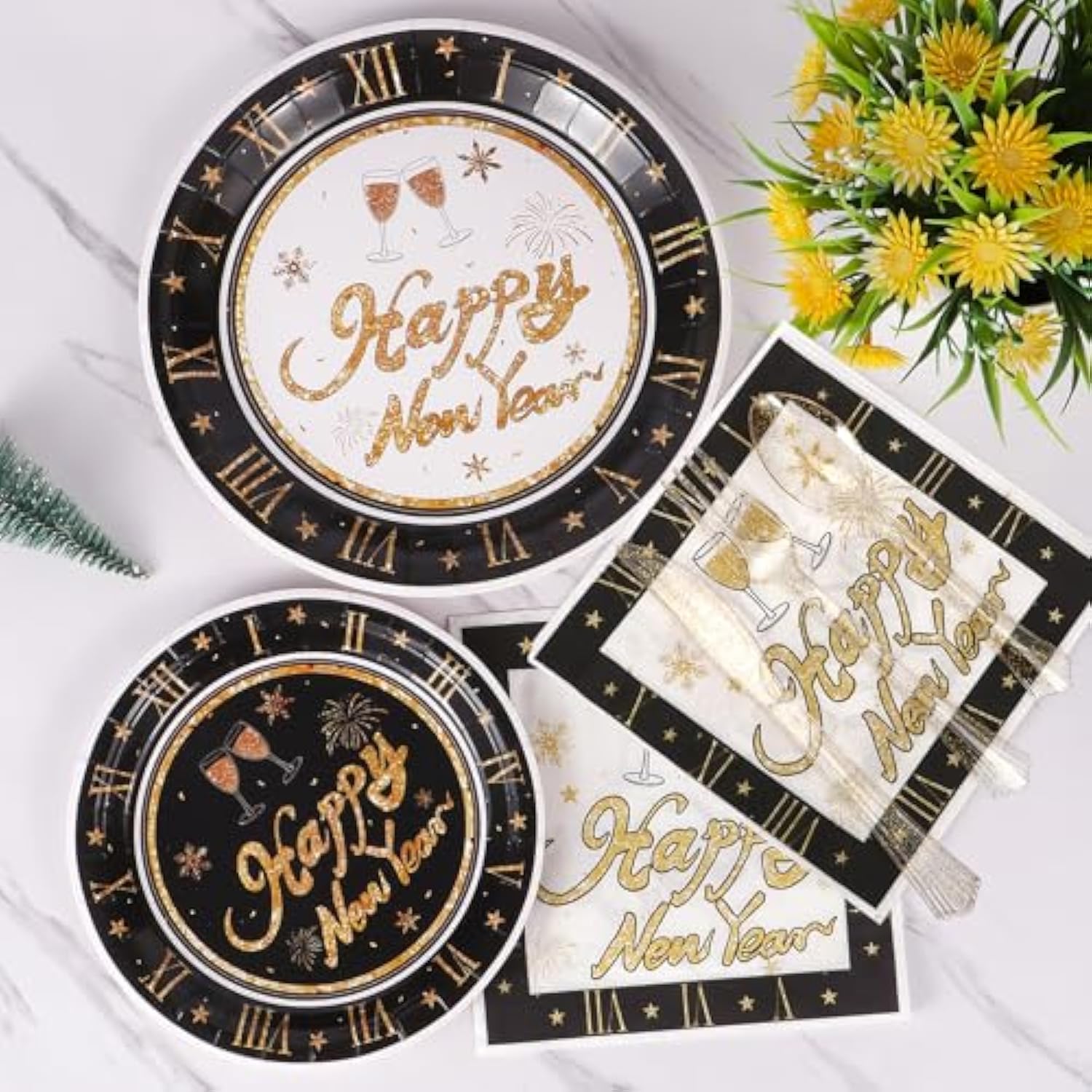 New Year Party Supplies with Plates, Cups, Napkins, and Cutlery for 24 Guests
