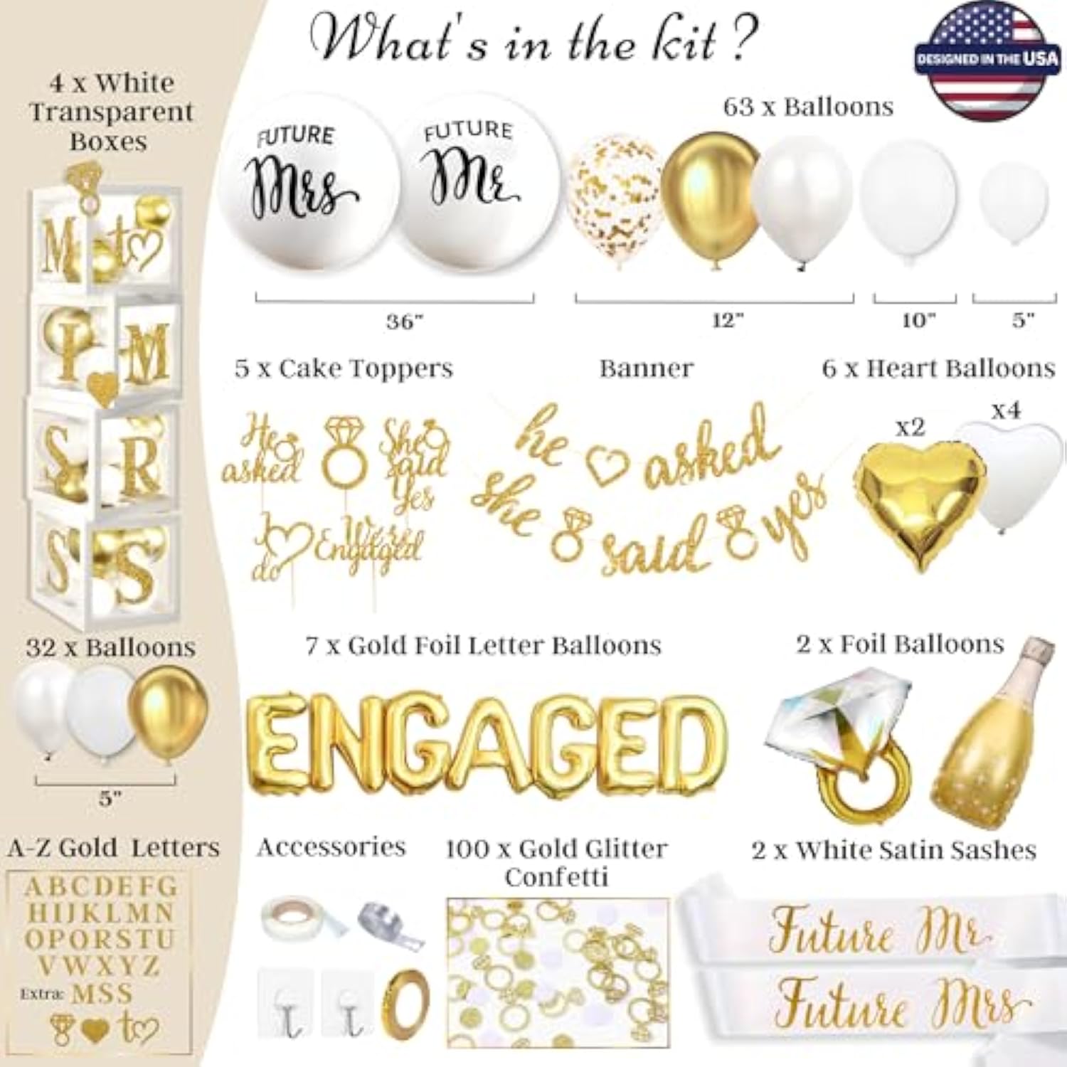 Gold & White Engagement Party Decor Set – Balloons, Banners, Sashes and More (248 Pcs)