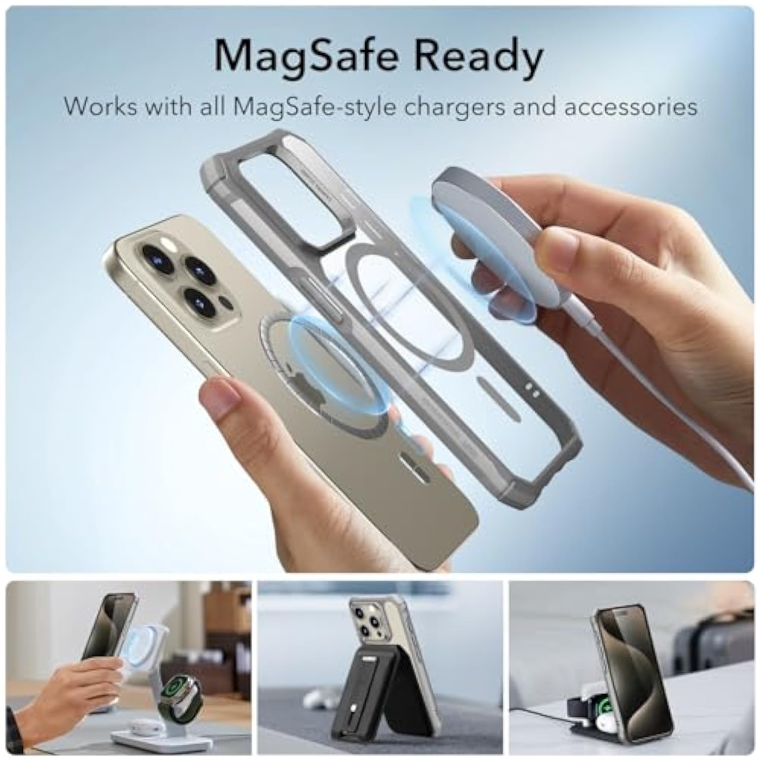 ESR for iPhone 15 Pro Case, Compatible with MagSafe, Set with 2 Screen Protectors and Single Lens Protectors, Air Guard Corners, Yellowing-Resistant Acrylic Back, Air Armor Series Clear Grey