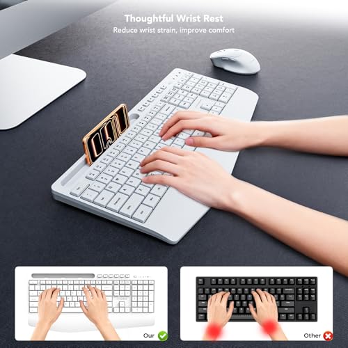 5Th Gen Wireless Keyboard,2.4G Full-Sized Cordless Ergonomic Keyboard With Wrist Rest, Phone Ipad Holder, Adjustable Angle, Compatible With Laptop/Pc/Mac/Windows, White