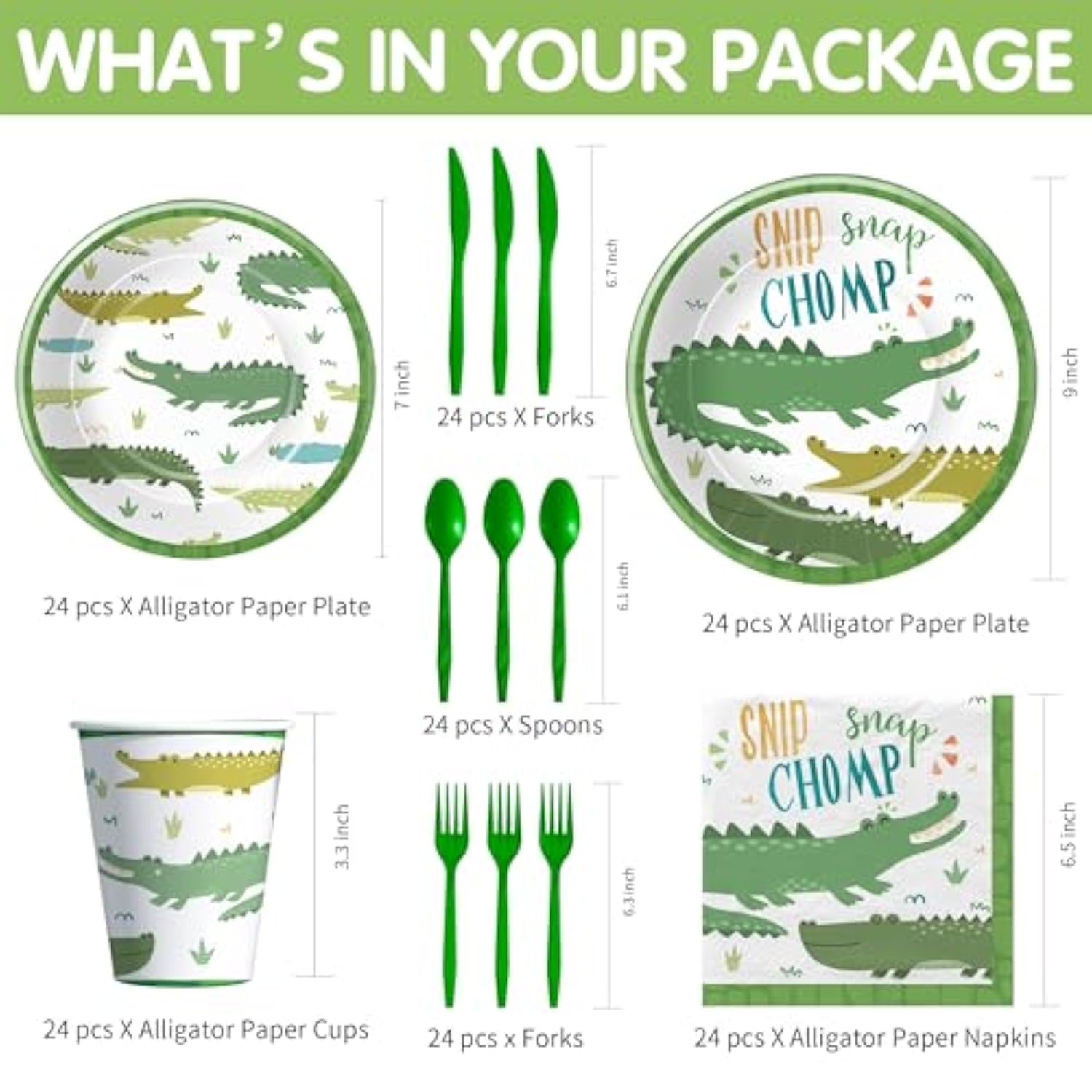 Alligator Party Decorations Tableware For Birthday Baby Shower, Reptile Crocodile Alligator Birthday Party Supplies, Paper Plate, Cup, Napkin, Disposable Cutlery, Serves 24