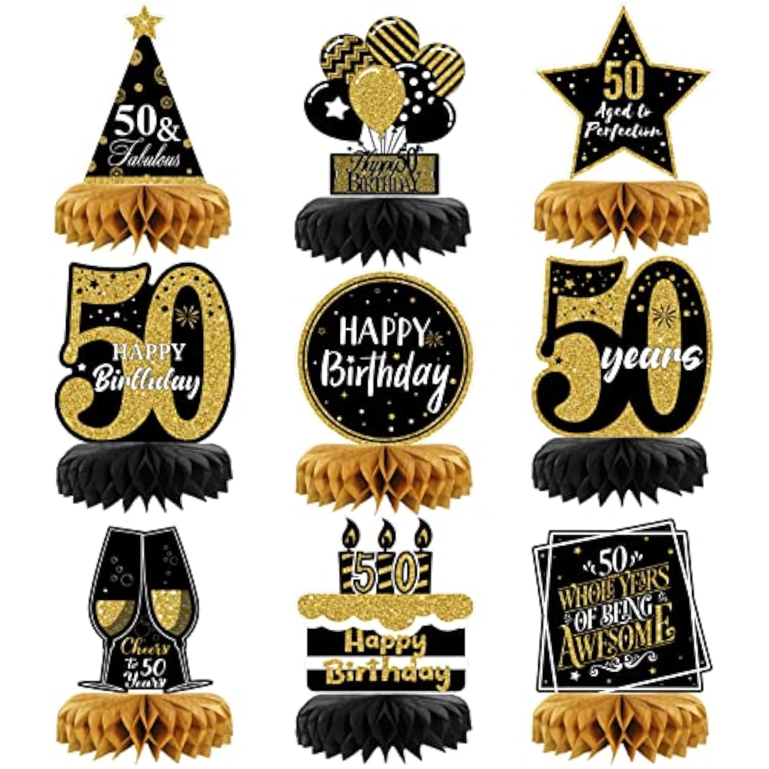 9pc 50th Birthday Table Centerpieces Gold & Black Decorations for Men & Women