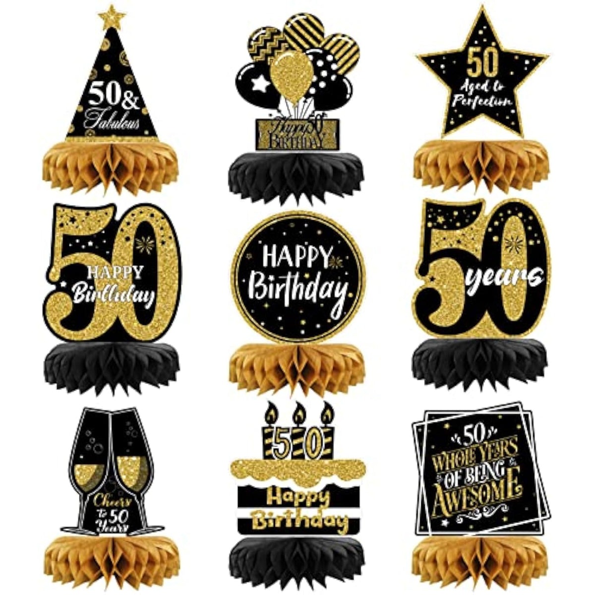 9pc 50th Birthday Table Centerpieces Gold & Black Decorations for Men & Women