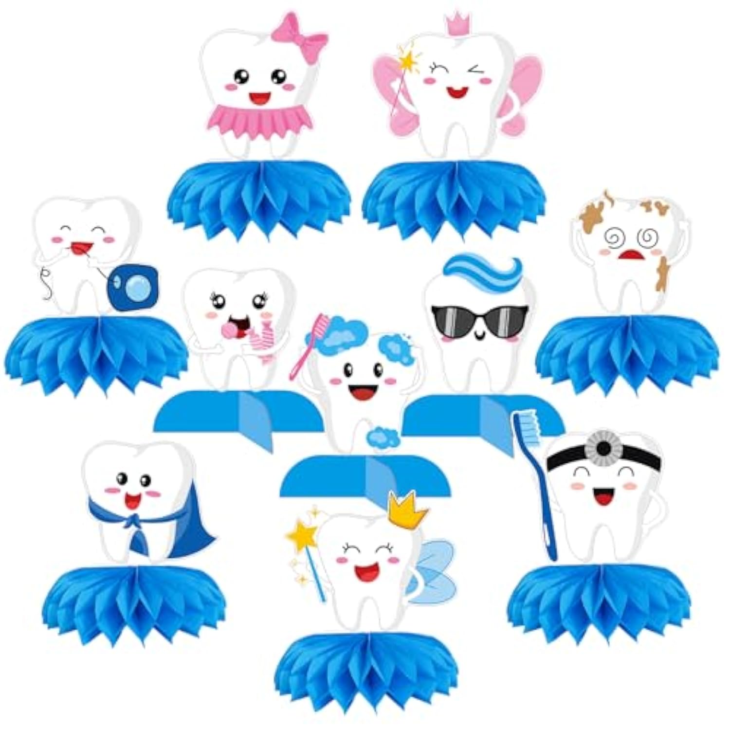 10 Pieces Tooth Honeycomb Centerpieces Table Decor, Cartoon Tooth Fairy, Dentist, And Crown Pattern Table Topper Ornaments Signs For Baby’S First Tooth, Dental Graduation, Clinic Party Decorations