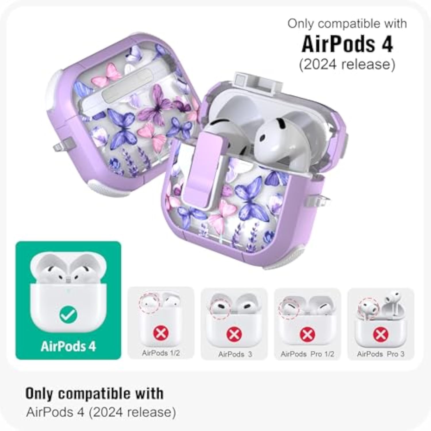 AirPods 4th Generation Secure Lock Case with Automatic Snap Switch Clip Cleaner Kit Lanyard, Women's Stylish Flower Armour Hard Shell Full Body Front LED Visible Case Cover (Purple Butterfly, AirPods 4th)