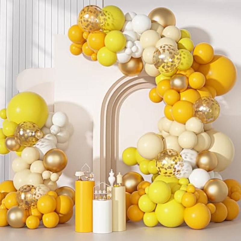 Yellow Gold Balloons Arch Garland Kit, Different Sizes 18 12 10 5 Inch Mustard Pastel Yellow White Latex Metallic Confetti Balloon For Sunflower Bee Baby Shower Birthday Party Decorations
