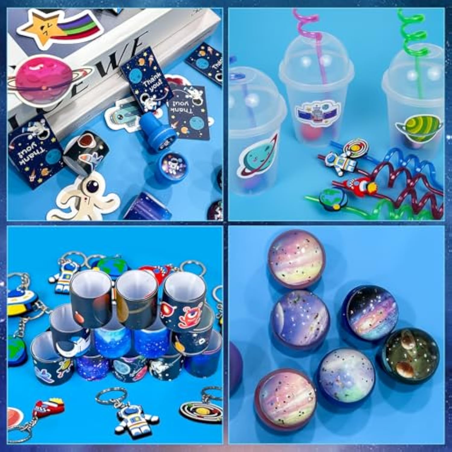 161 Pcs Space Party Favors With Cup Straws Stress Ball Space Pins Slap Bracelets Keychains Stamps Stickers Twist Ties And Gift Card For Kids Space Birthday Party Supplies (Style 1)