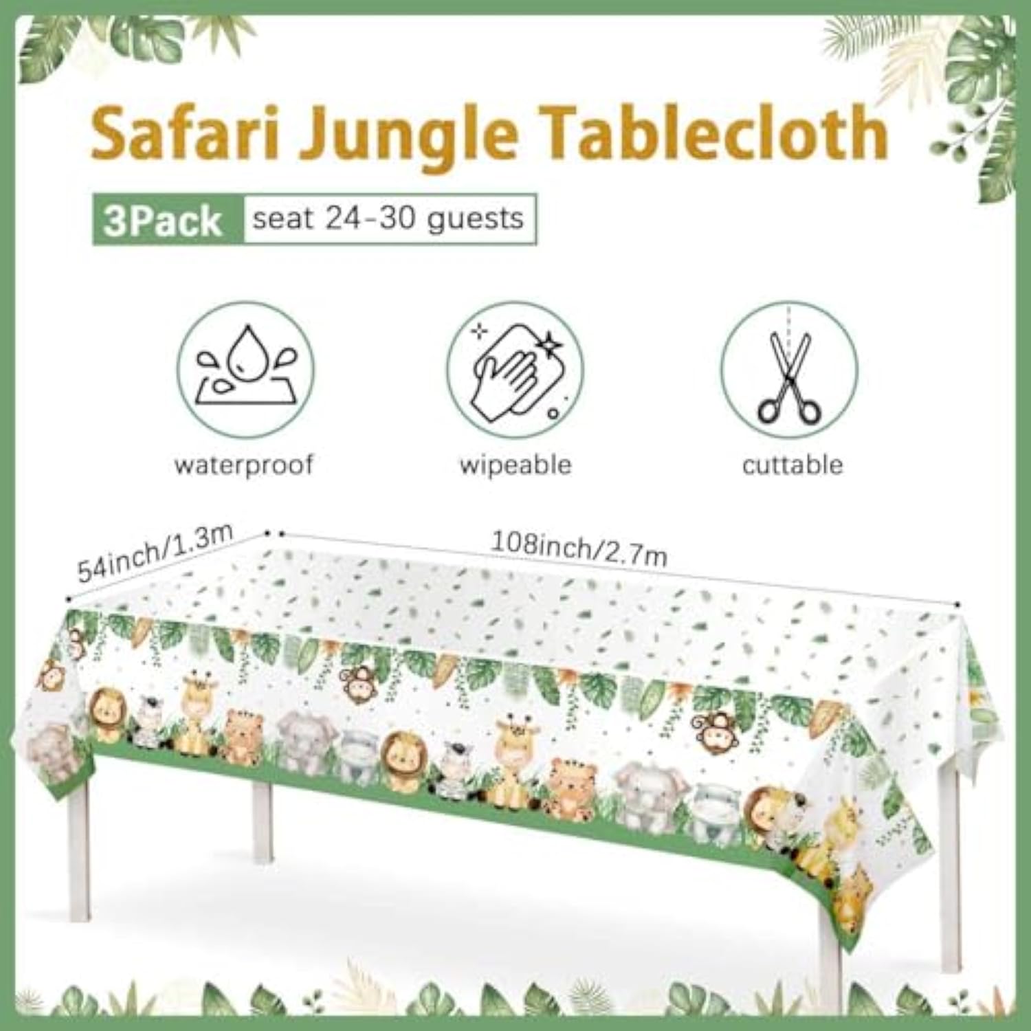 3PCS Jungle Safari Tablecloths (108"x54") for Zoo Birthday & Baby Shower Decor