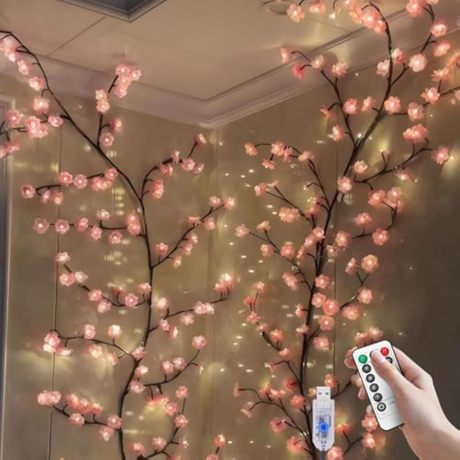 Cherry Led Tree Branch Lights For Wall, Cherry Blossom Willow Vine Twig Decor Garland With 48 Led Lights And Remote,8 Li