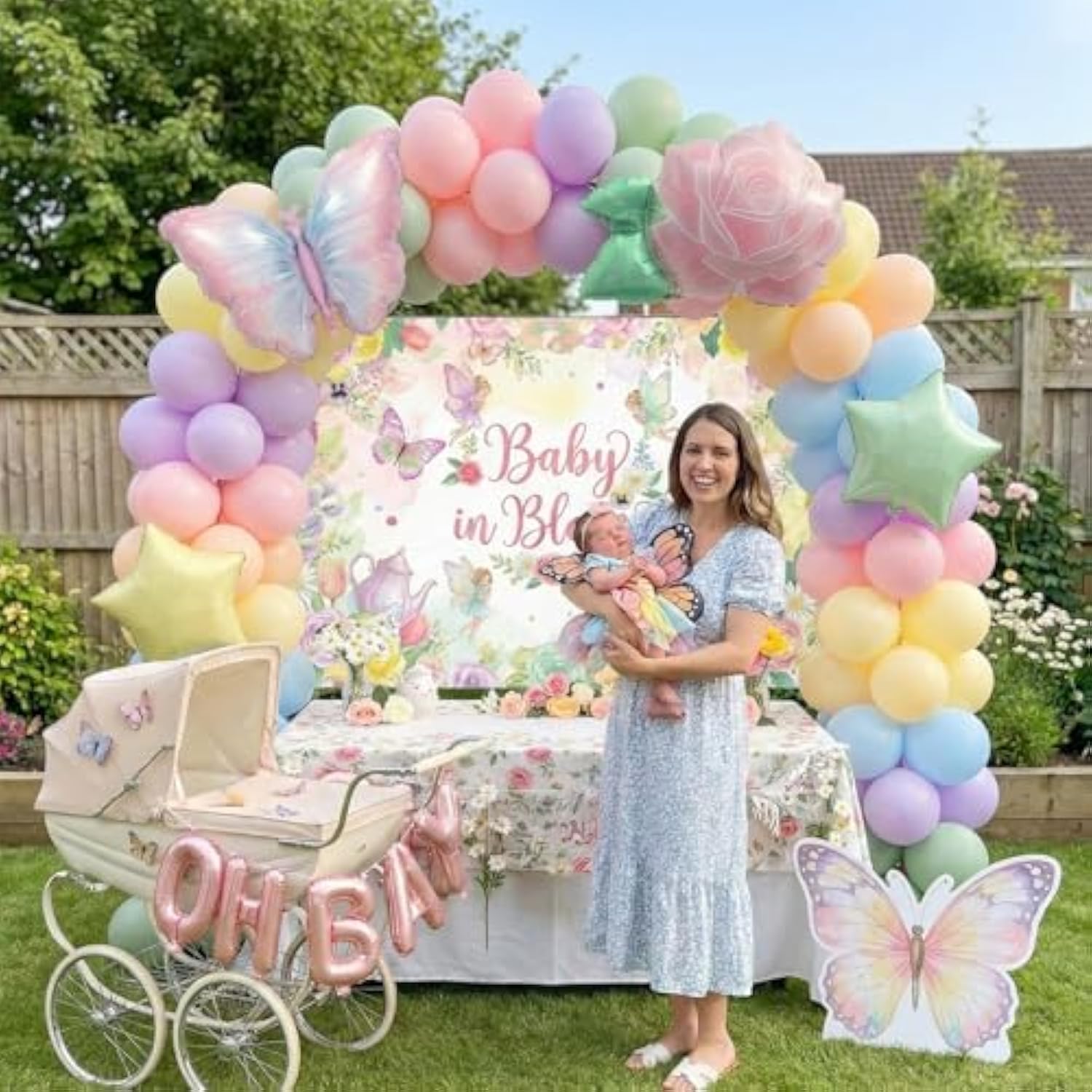 Baby In Bloom Balloon Decoration Kit With Backdrop, Pastel Spring Garden Tea Party Decor, Dusty Green Pink Purple Orange Blue Balloons With Rose Butterfly Star Foil & Pink Oh Baby Foil Balloon