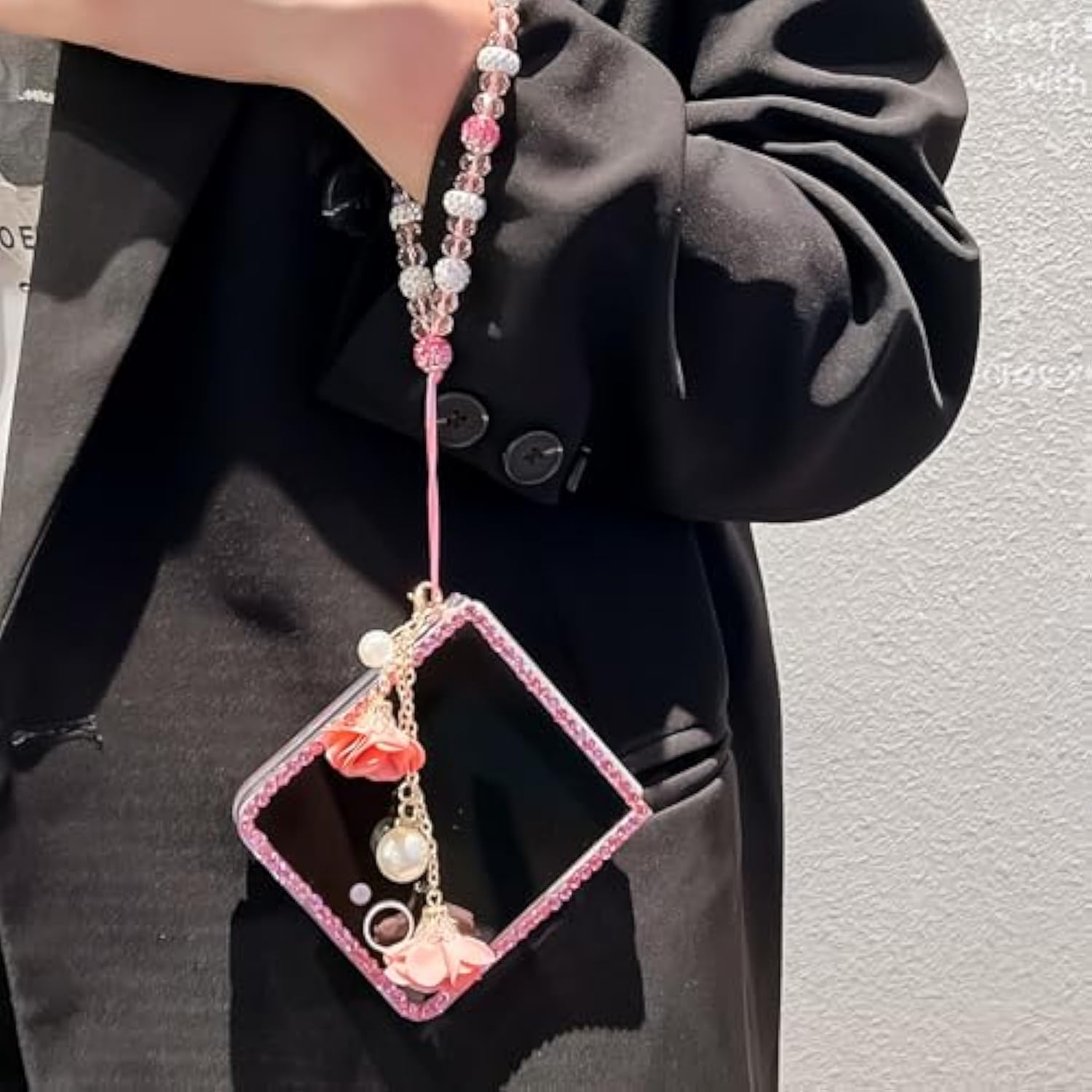 For Samsung Galaxy Z Flip 7 Glitter Bling Case, Cute 3D Sparkle Heart Makeup Mirror Crystal Rhinestones Flowers Diamond Gems With Lanyard Wrist Strap Women Girls Case For Galaxy Z Flip 7,Pink