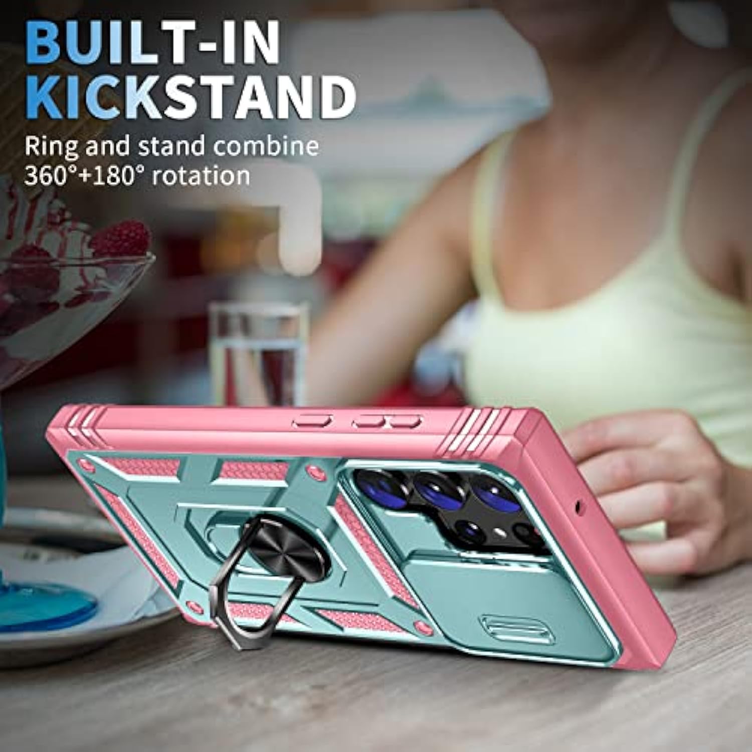Case For Galaxy S23 Ultra, Slide Lens Protective Case Shockproof Impact Resistant With Kickstand Cover Case For Samsung Galaxy S23 Ultra 6.8" (Pink Green)