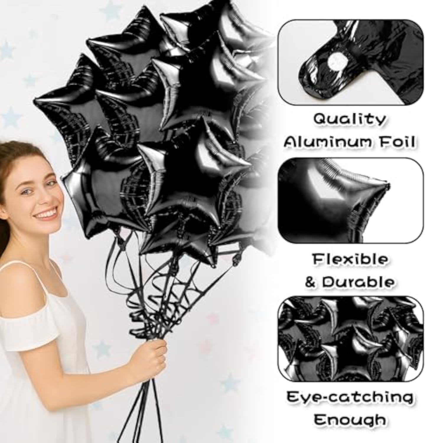 12Pc Black Star Foil Balloons – 18" Metallic Helium Balloons for Party Decor