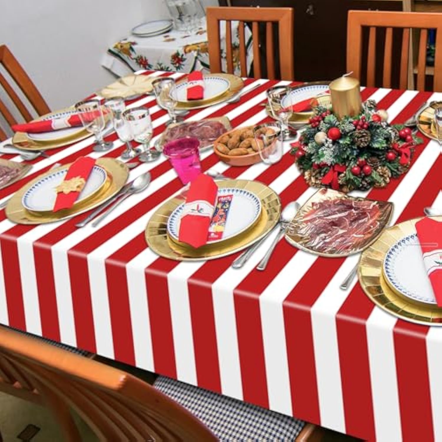 4 Pcs Carnival Tablecloths, Red And White Stripe Tablecloths, Red Plastic Table Cover, Circus Theme Party Decorations For Carnival, Movie Night, Kid'S Birthday, Christmas (4, Red, 51'' X 86'')