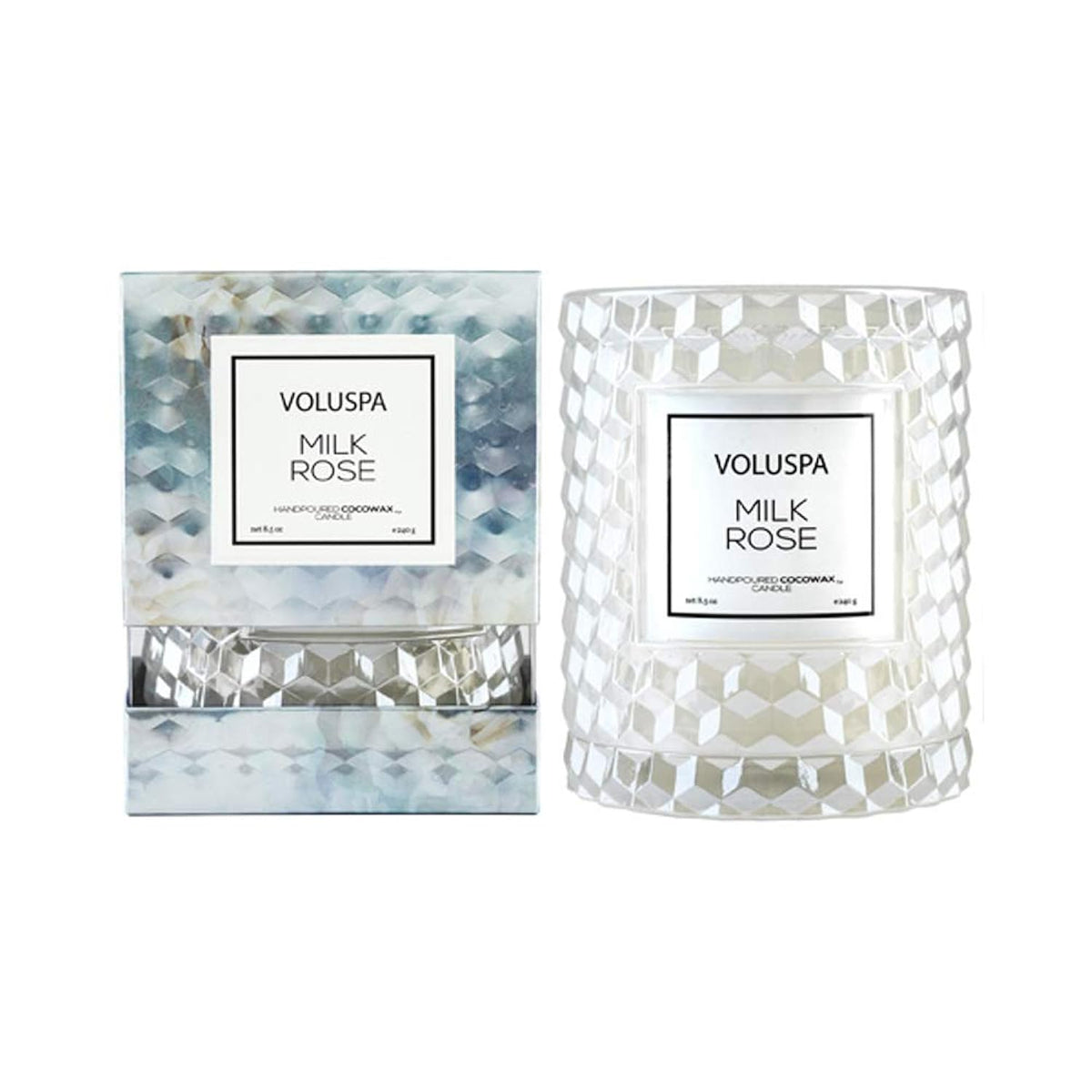 Voluspa Milk Rose, Cloche Textured Glass Candle, 8.5 Ounce, 55 Hour Burn Time, Coconut Wax for Clean Burning, Handcrafted in The USA