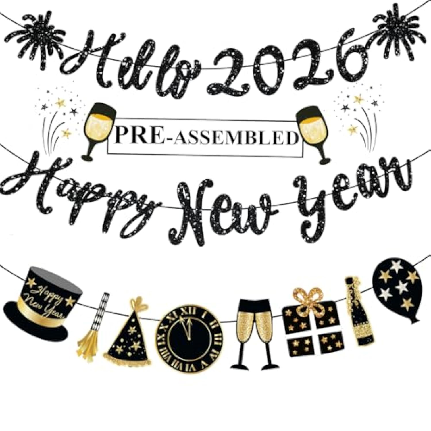 Black Glitter Happy New Year 2026 Banner Pre-Strung for NYE Party