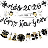 Black Glitter Happy New Year 2026 Banner Pre-Strung for NYE Party