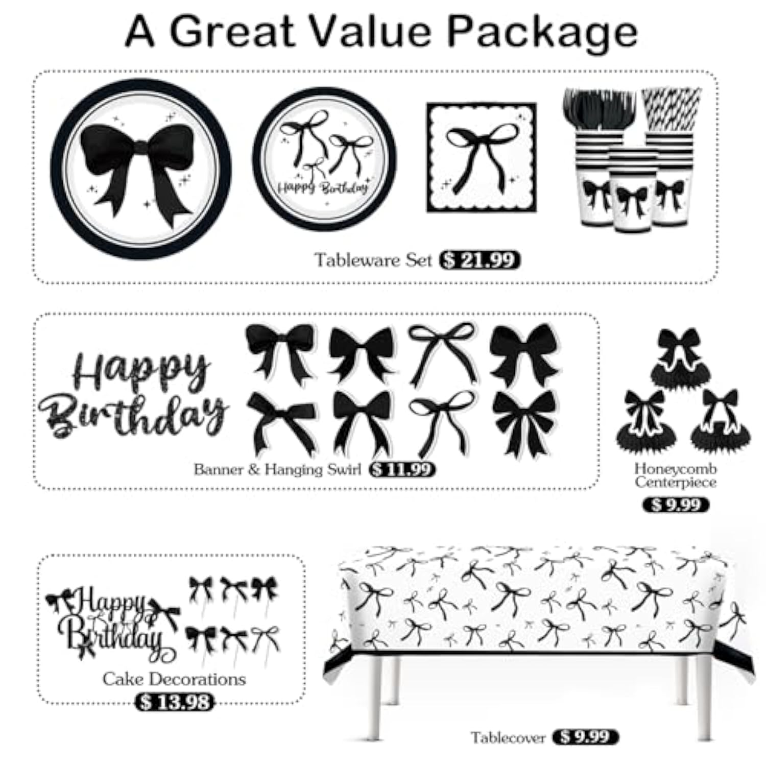 Black Bow Birthday Decorations, Bow Birthday Foil Balloons Paper Plates And Napkins, 2 Pcs Waterproof Tablecloth For Coquette Black And White Party Decor