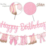 3Pc Coquette Cowgirl Birthday Banners Pink Glitter Boots & Bows Western Decor