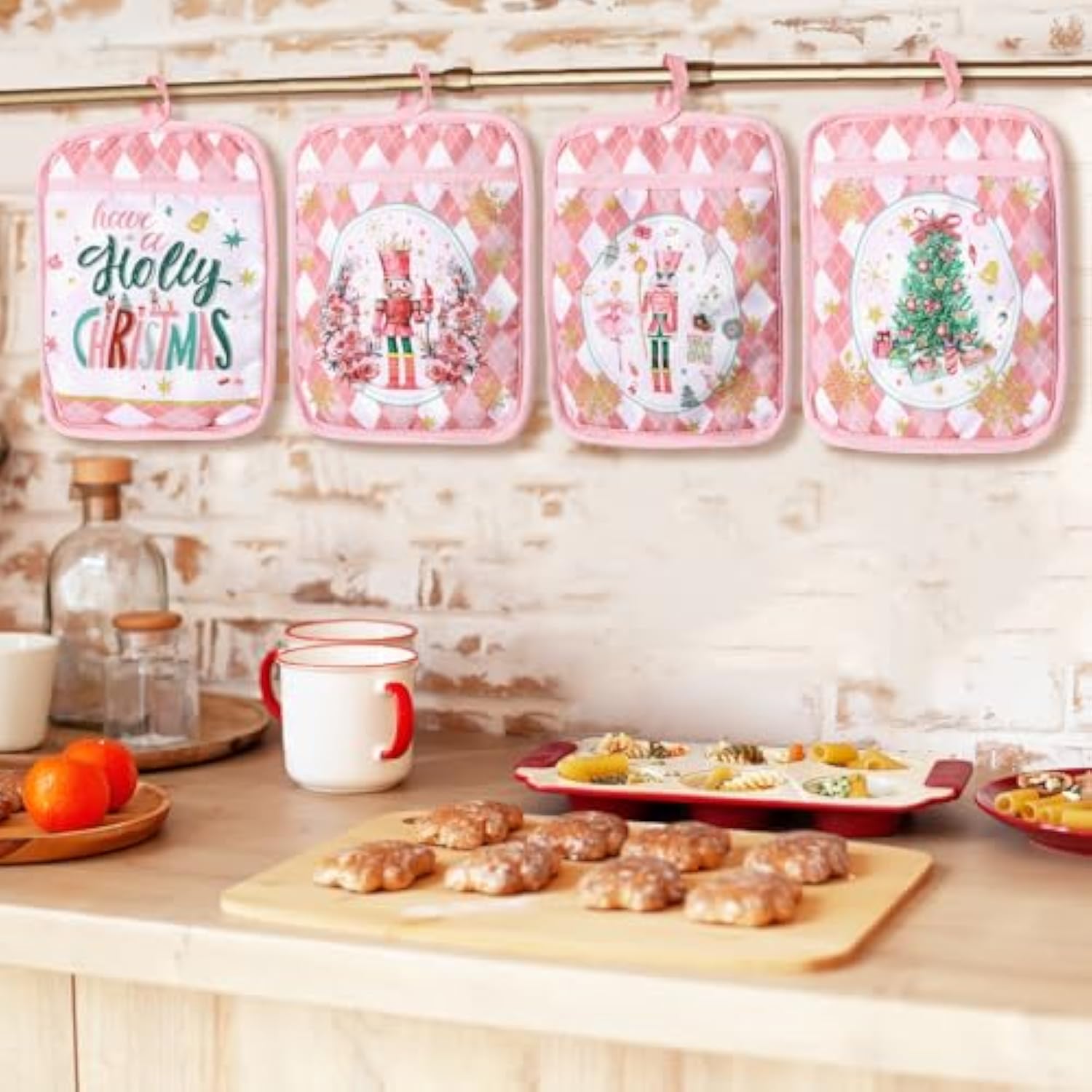 12 Pcs Christmas Pot Holders With Pocket Pink Nutcrackers Pot Holders For Kitchen Xmas Tree Hot Pads And Oven Mitts Pot Holders Winter Oven Glove For Cooking Baking Home Christmas Decorations