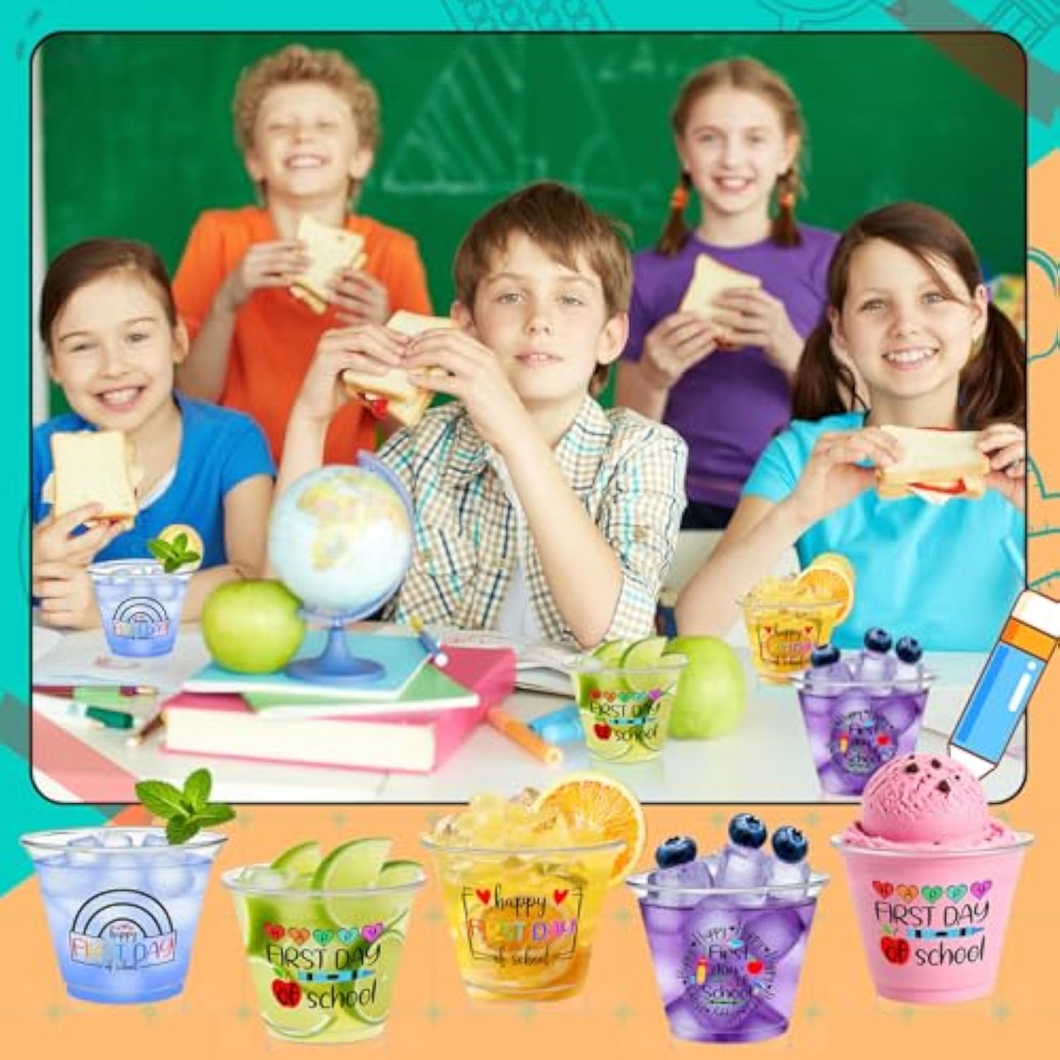 100 Pcs Back To School Cups Bulk First Day Of School Party Favor Disposable Plastic Cups 9 Oz Party Decorative Clear Glasses For Juice Beverage Drinks Holiday Table Supplies(Popular Style)
