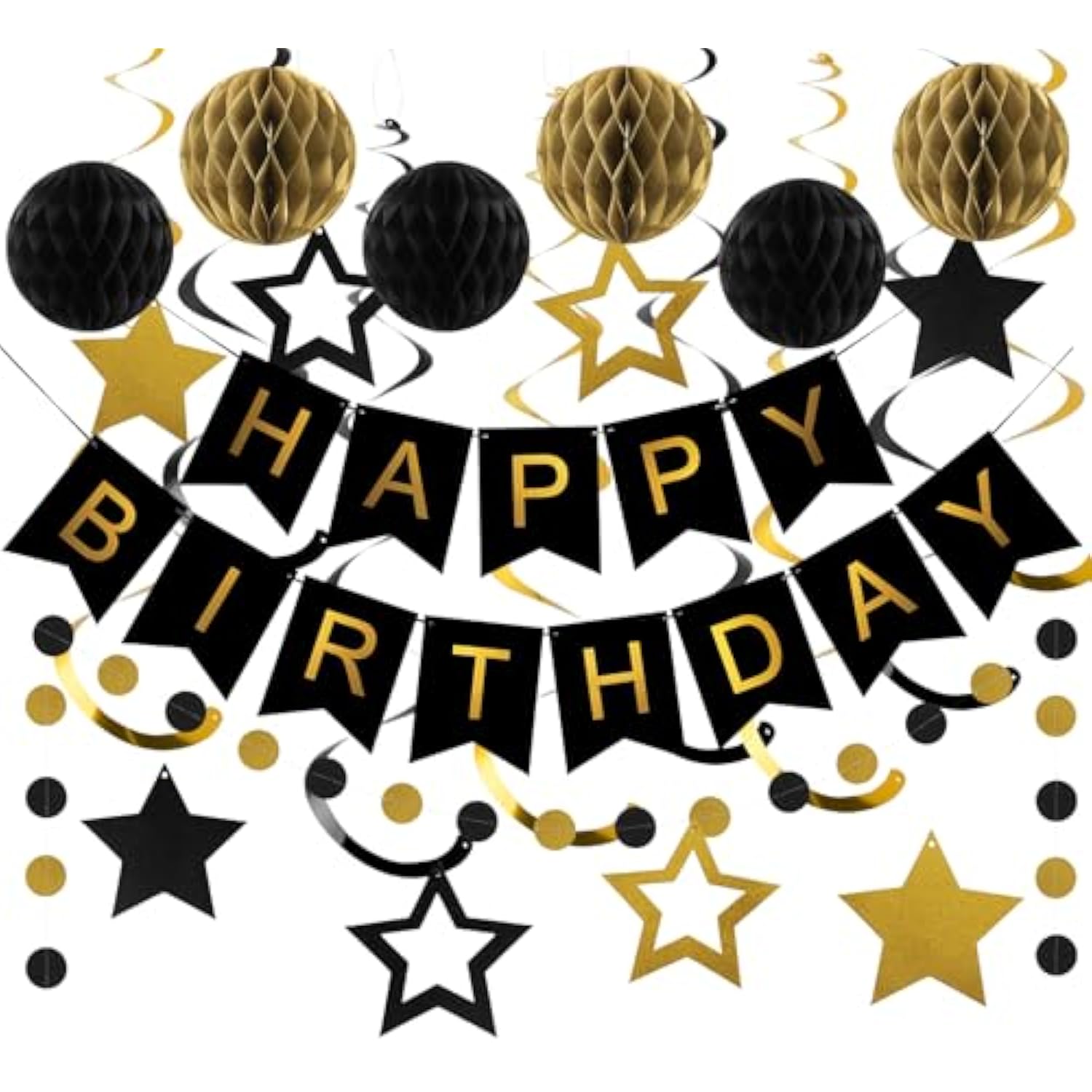 Black & Gold Birthday Decorations Set Banner, Honeycomb Balls, Swirls and Garland for All Ages